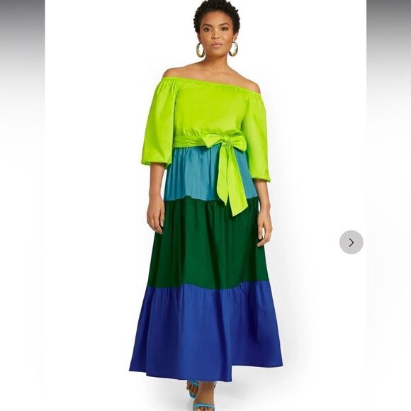 NWT NY& Co Colorblock Off-The-Shoulder Poplin Maxi Dress Medium - Picture 1 of 14